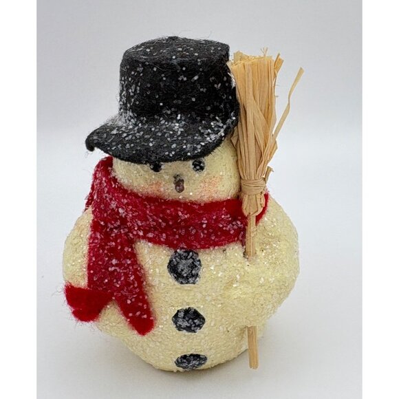 Vintage Snowman Christmas Figurine Holding Broom Red Scarf Black Hat Glitter - Picture 7 of 7